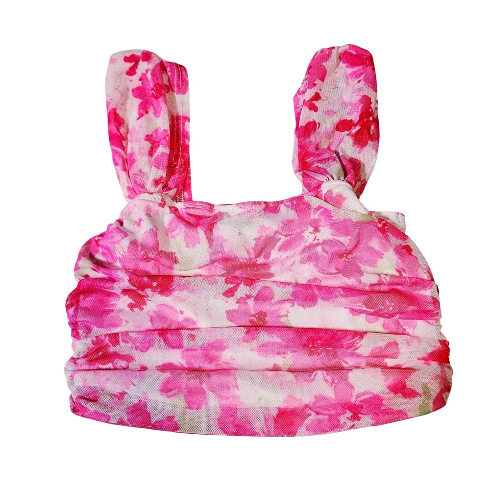 Pink Floral Ruched Mesh Crop Top Small Coquette Barbiecore‎ Summer Sleeveless